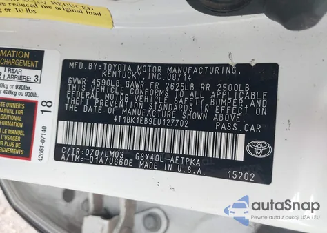 2014 Toyota Avalon Limited z USA, uszkodzony, nr VIN 4T1BK1EB9EU127702